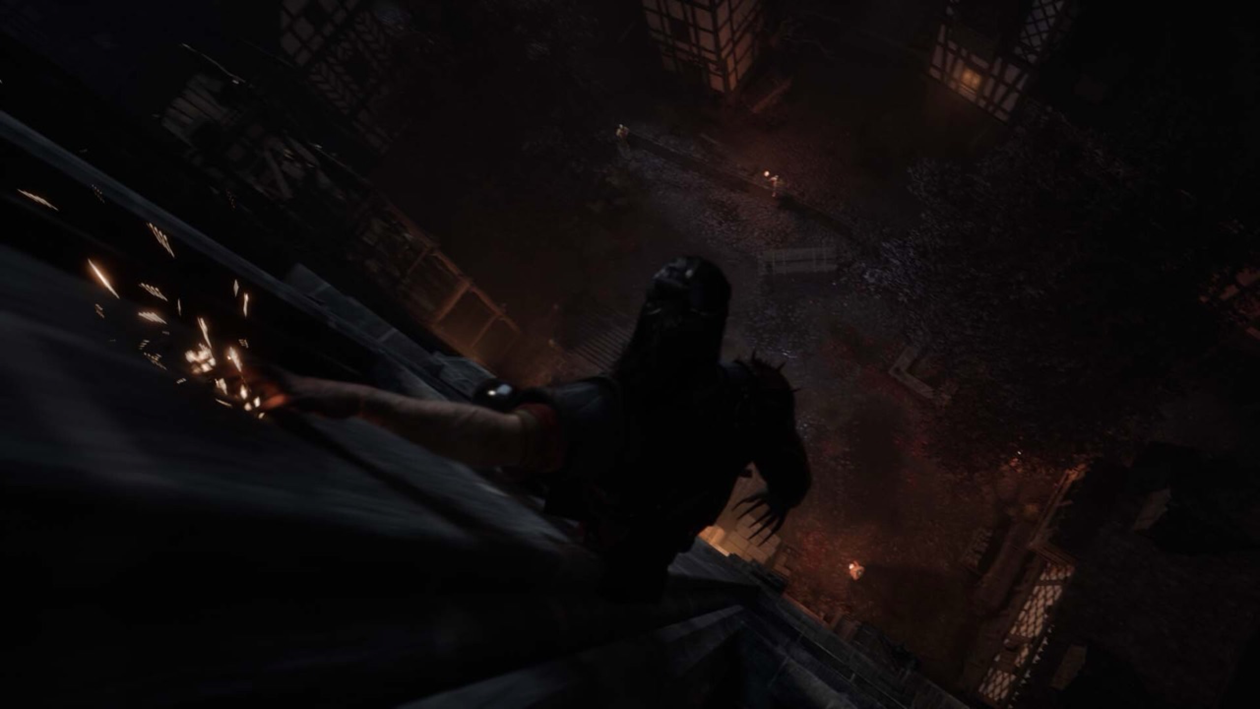 A character leaping from a rooftop at night, sparks flying.